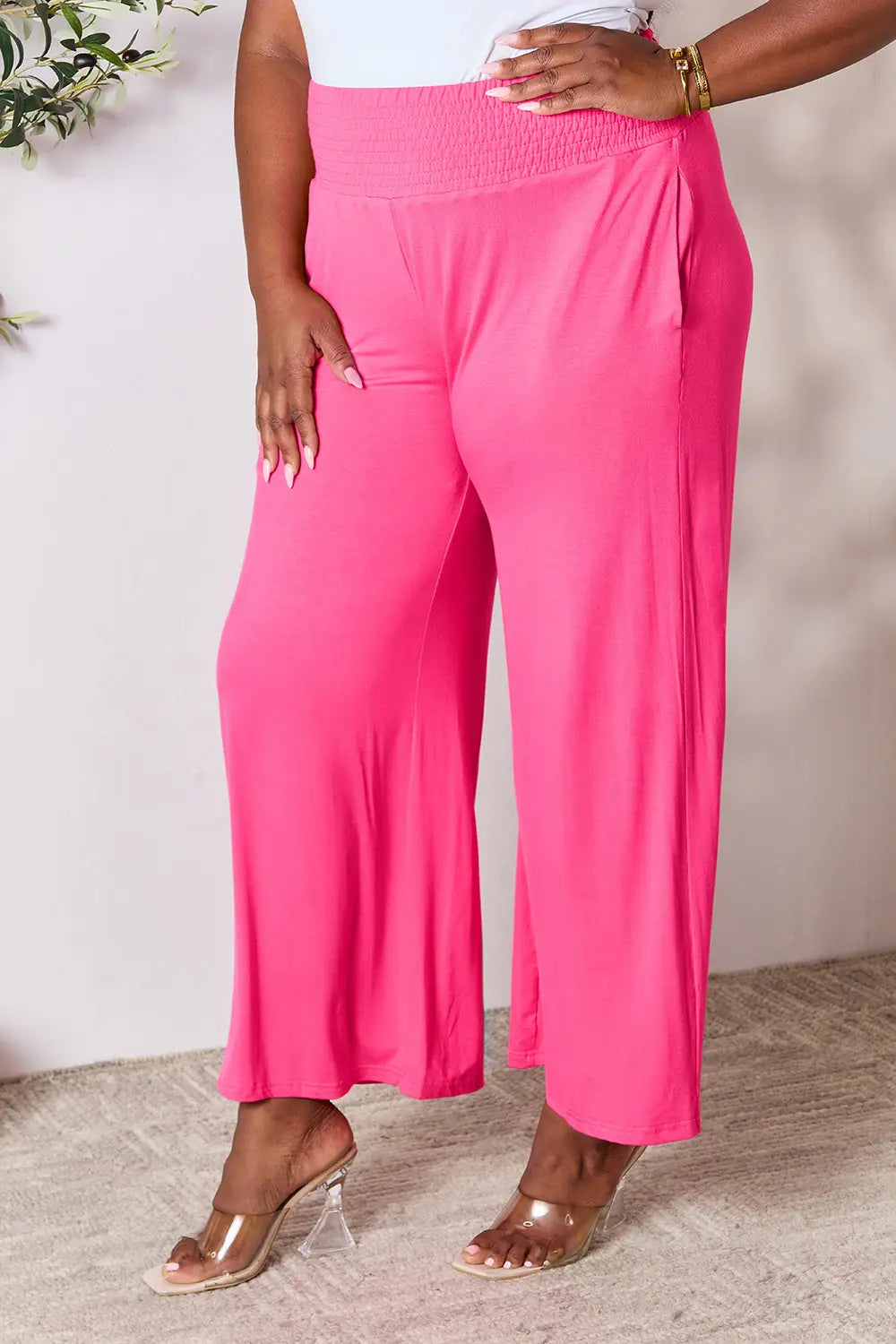Full Size Smocked Wide Waistband Wide Leg Pants-Pants-Krush Kandy, Women's Online Fashion Boutique Located in Phoenix, Arizona (Scottsdale Area)