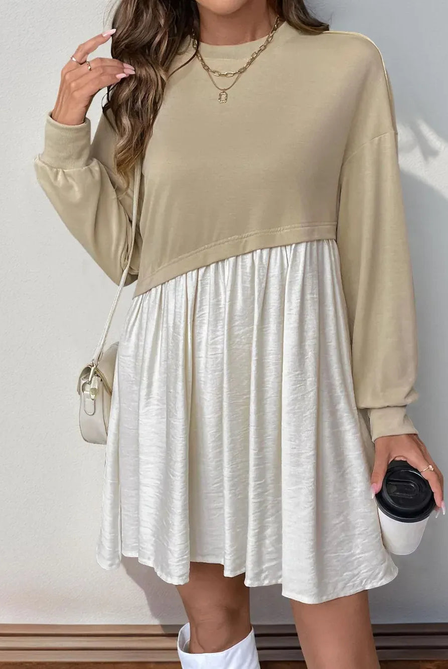 Perfee Contrast Round Neck Long Sleeve Mini Dress-Dresses-Krush Kandy, Women's Online Fashion Boutique Located in Phoenix, Arizona (Scottsdale Area)