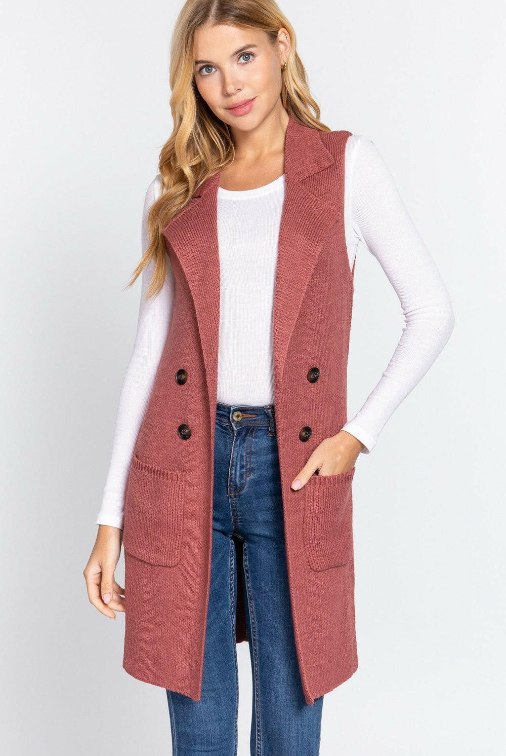 Long Sleeveless Notched Collar Sweater Vest-Vests-Krush Kandy, Women's Online Fashion Boutique Located in Phoenix, Arizona (Scottsdale Area)