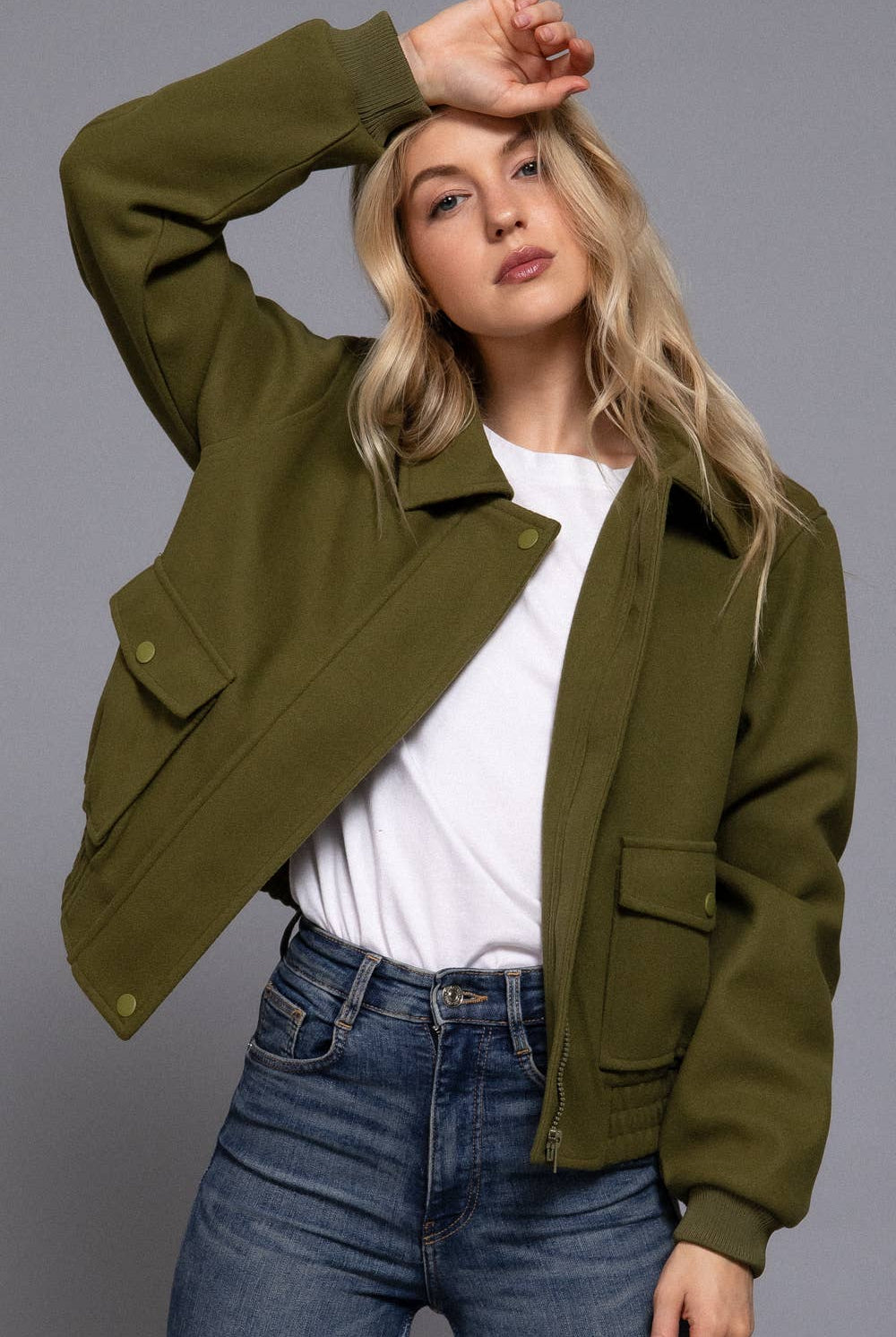 Long Sleeve Lapel Collar Soft Felt Bomber Jacket-Jackets-Krush Kandy, Women's Online Fashion Boutique Located in Phoenix, Arizona (Scottsdale Area)