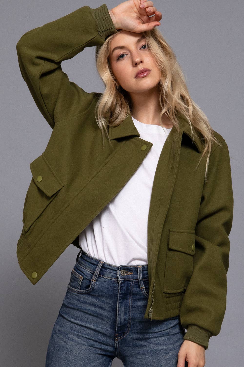 Long Sleeve Lapel Collar Soft Felt Bomber Jacket-Jackets-Krush Kandy, Women's Online Fashion Boutique Located in Phoenix, Arizona (Scottsdale Area)
