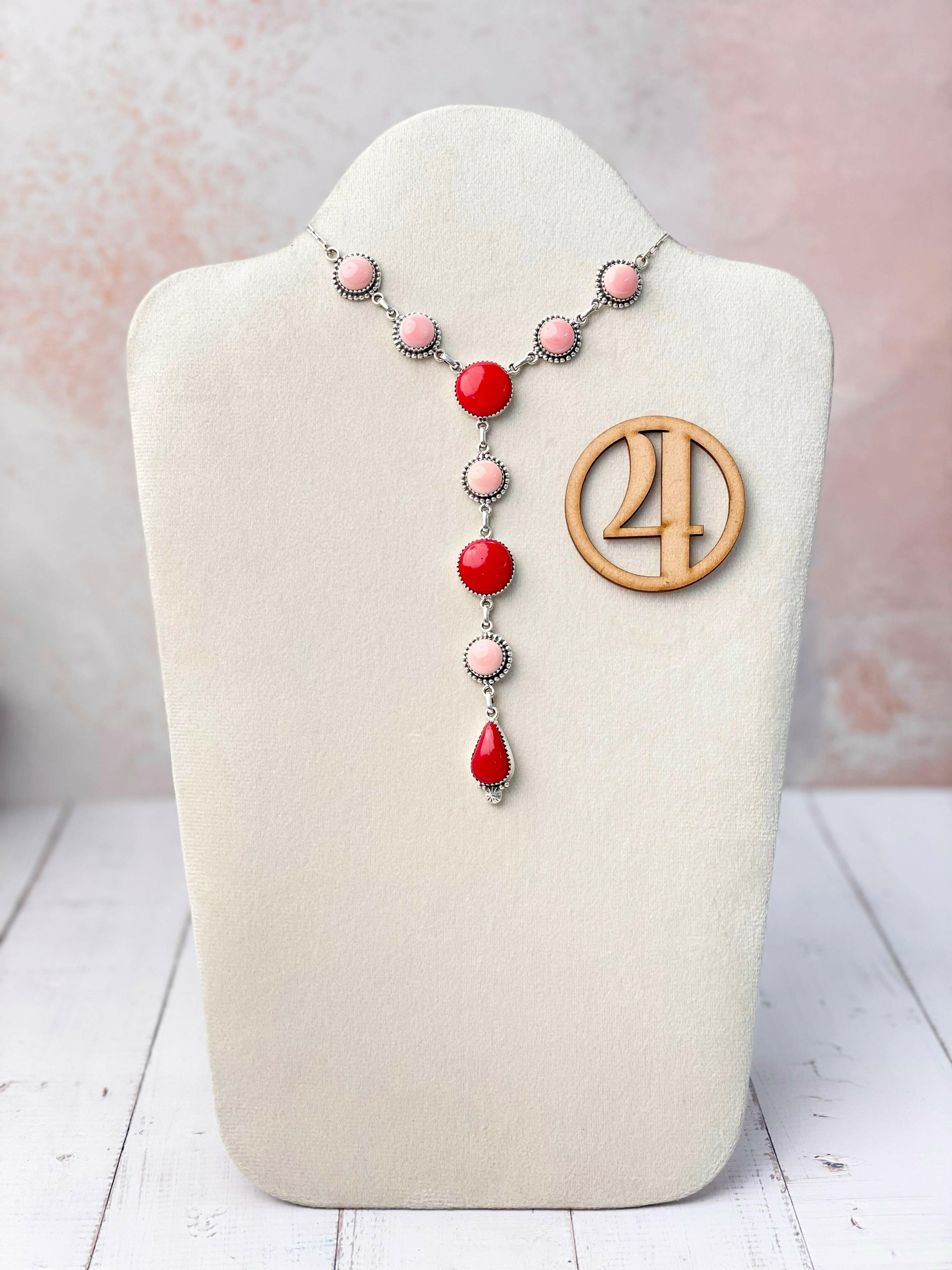 Red Rosarita & Pink Conch Cluster Necklace-Necklaces-Krush Kandy, Women's Online Fashion Boutique Located in Phoenix, Arizona (Scottsdale Area)