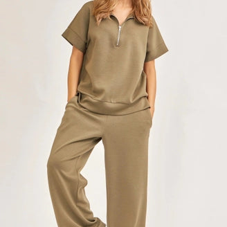 Short-Sleeved Quarter-Zip Lounge Set-2 Piece Outfit Sets-Krush Kandy, Women's Online Fashion Boutique Located in Phoenix, Arizona (Scottsdale Area)