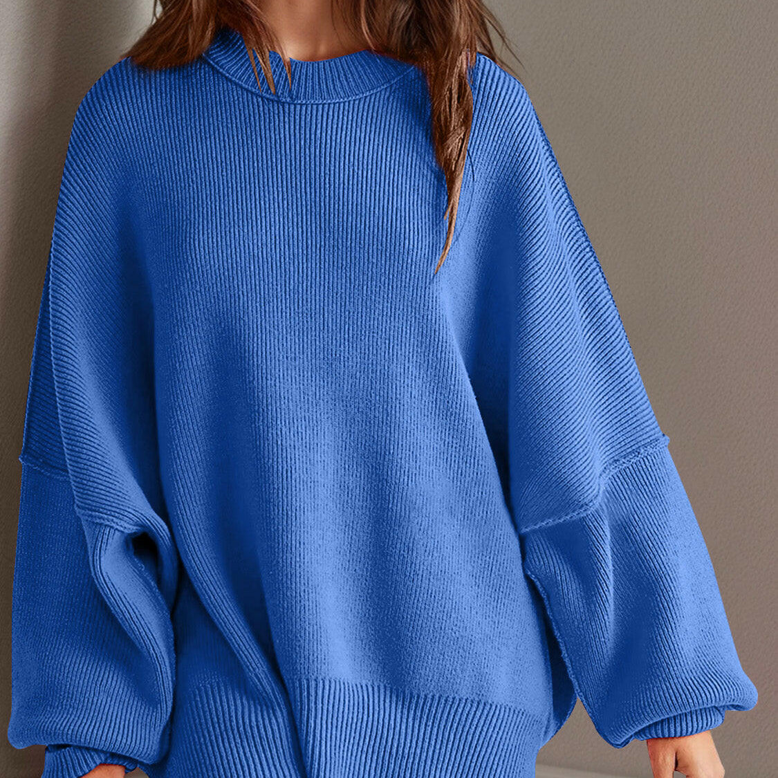 Double Take Side Slit Round Neck Long Sleeve Sweater-Sweaters-Krush Kandy, Women's Online Fashion Boutique Located in Phoenix, Arizona (Scottsdale Area)