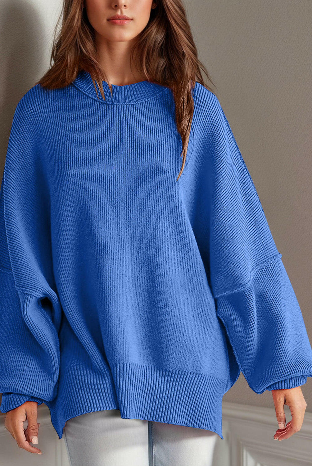Double Take Side Slit Round Neck Long Sleeve Sweater-Sweaters-Krush Kandy, Women's Online Fashion Boutique Located in Phoenix, Arizona (Scottsdale Area)