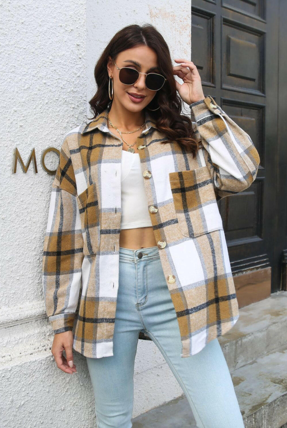 Plaid Button Up Collared Neck Long Sleeve Shirt-Long Sleeve Tops-Krush Kandy, Women's Online Fashion Boutique Located in Phoenix, Arizona (Scottsdale Area)