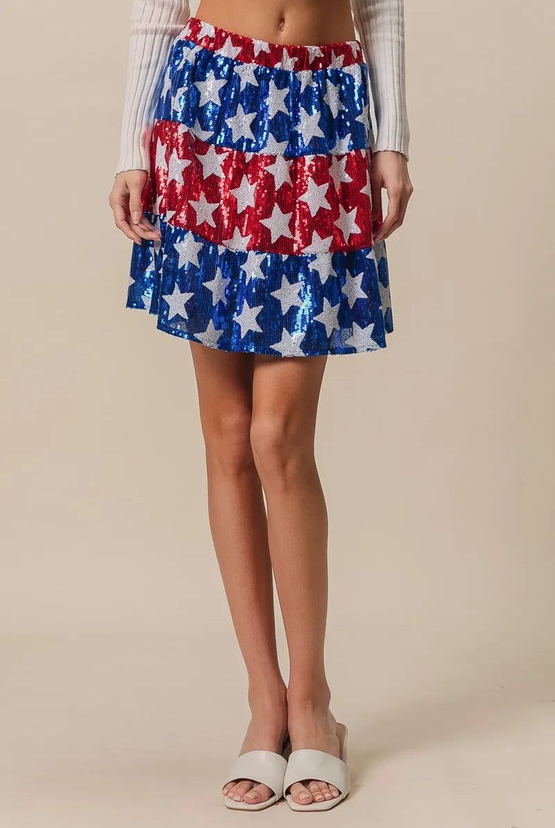 BiBi American Flag Theme Star Sequin Tiered Skirt-Skirts-Krush Kandy, Women's Online Fashion Boutique Located in Phoenix, Arizona (Scottsdale Area)