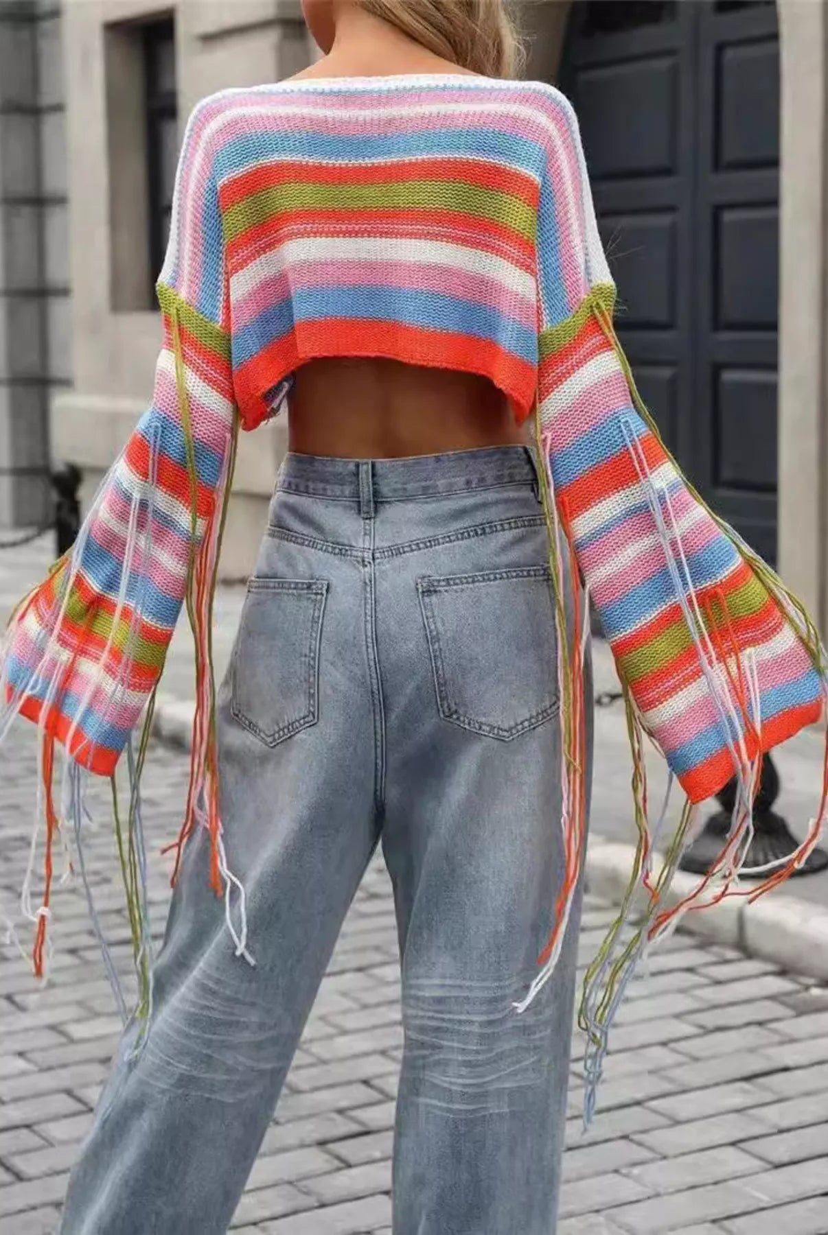Fringe Striped Long Sleeve Crop Sweater-Sweaters-Krush Kandy, Women's Online Fashion Boutique Located in Phoenix, Arizona (Scottsdale Area)