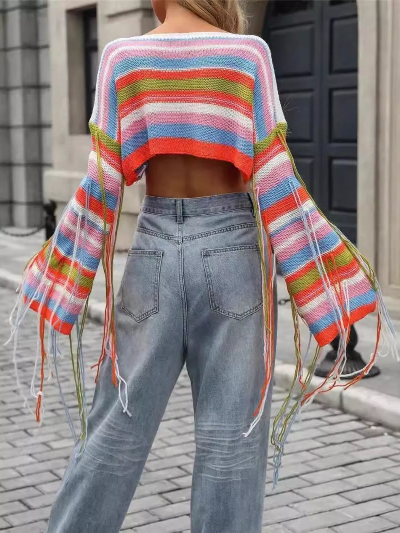 Fringe Striped Long Sleeve Crop Sweater-Sweaters-Krush Kandy, Women's Online Fashion Boutique Located in Phoenix, Arizona (Scottsdale Area)