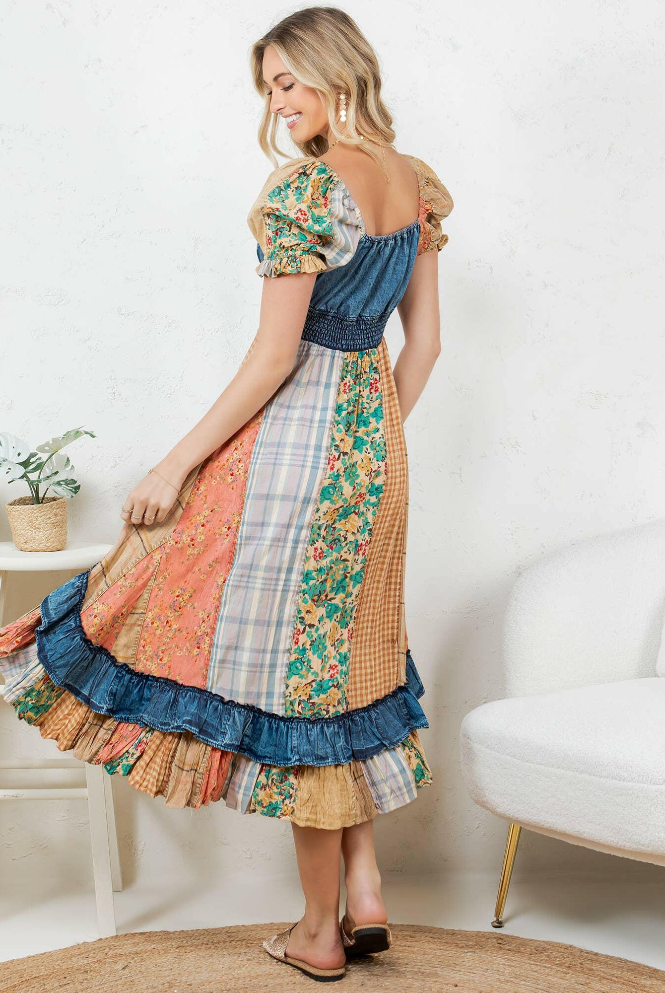 Boho Denim Patchwork Midi Dress-Dresses-Krush Kandy, Women's Online Fashion Boutique Located in Phoenix, Arizona (Scottsdale Area)