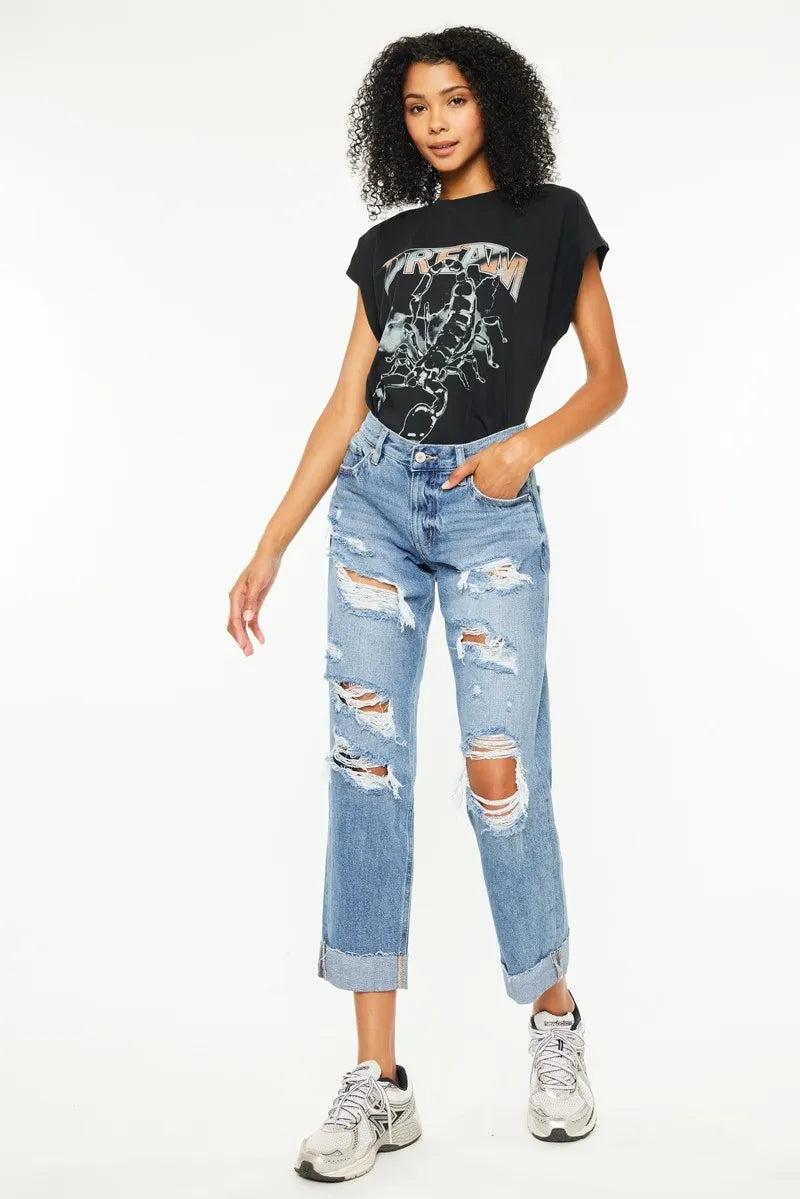 Kancan Mid Rise Distressed Boyfriend Fit Jeans-Denim-Krush Kandy, Women's Online Fashion Boutique Located in Phoenix, Arizona (Scottsdale Area)