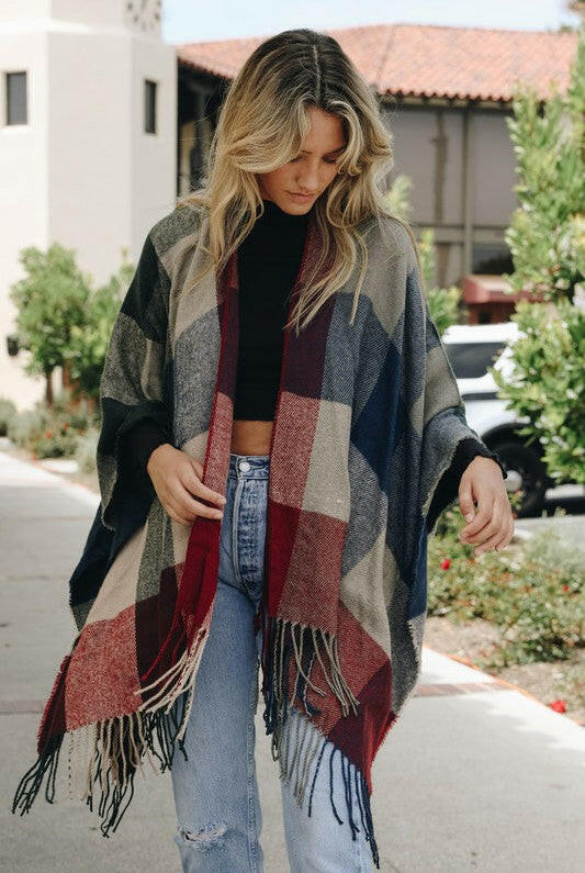 Check Ruana with Tassel Trim-Cardigans-Krush Kandy, Women's Online Fashion Boutique Located in Phoenix, Arizona (Scottsdale Area)