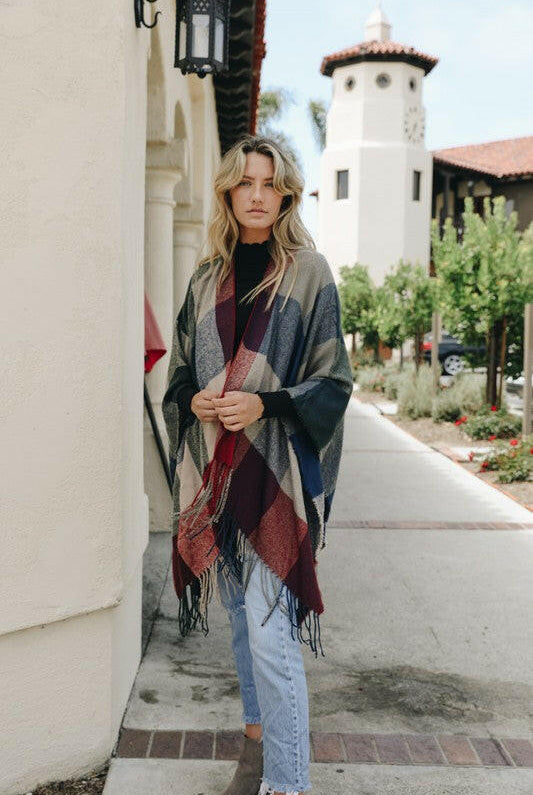 Check Ruana with Tassel Trim-Cardigans-Krush Kandy, Women's Online Fashion Boutique Located in Phoenix, Arizona (Scottsdale Area)