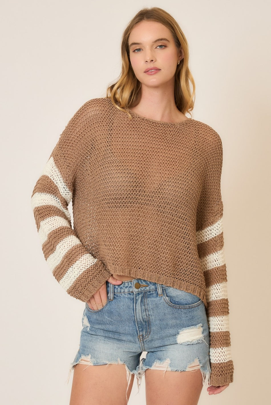 Light Knit Stripe Sleeve Pullover Sweater-Sweaters-Krush Kandy, Women's Online Fashion Boutique Located in Phoenix, Arizona (Scottsdale Area)