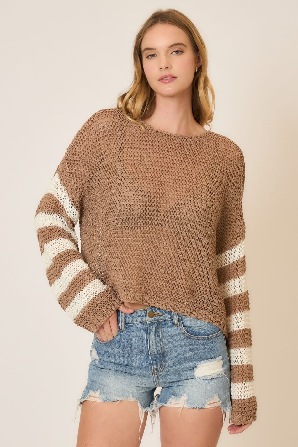 Light Knit Stripe Sleeve Pullover Sweater-Sweaters-Krush Kandy, Women's Online Fashion Boutique Located in Phoenix, Arizona (Scottsdale Area)