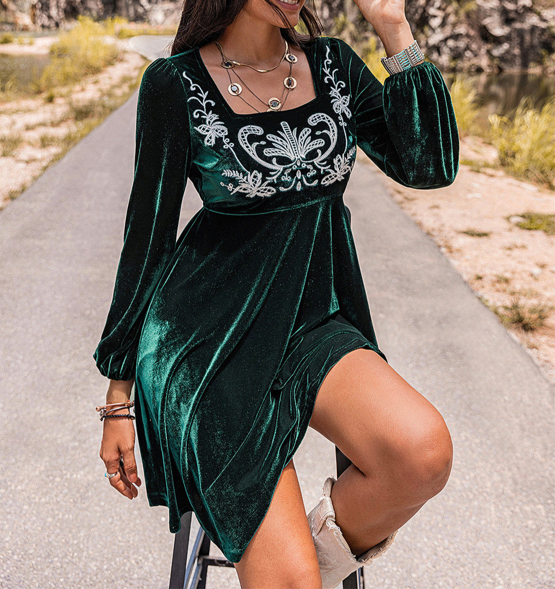 Embroidered Square Neck Long Sleeve Dress-Dresses-Krush Kandy, Women's Online Fashion Boutique Located in Phoenix, Arizona (Scottsdale Area)