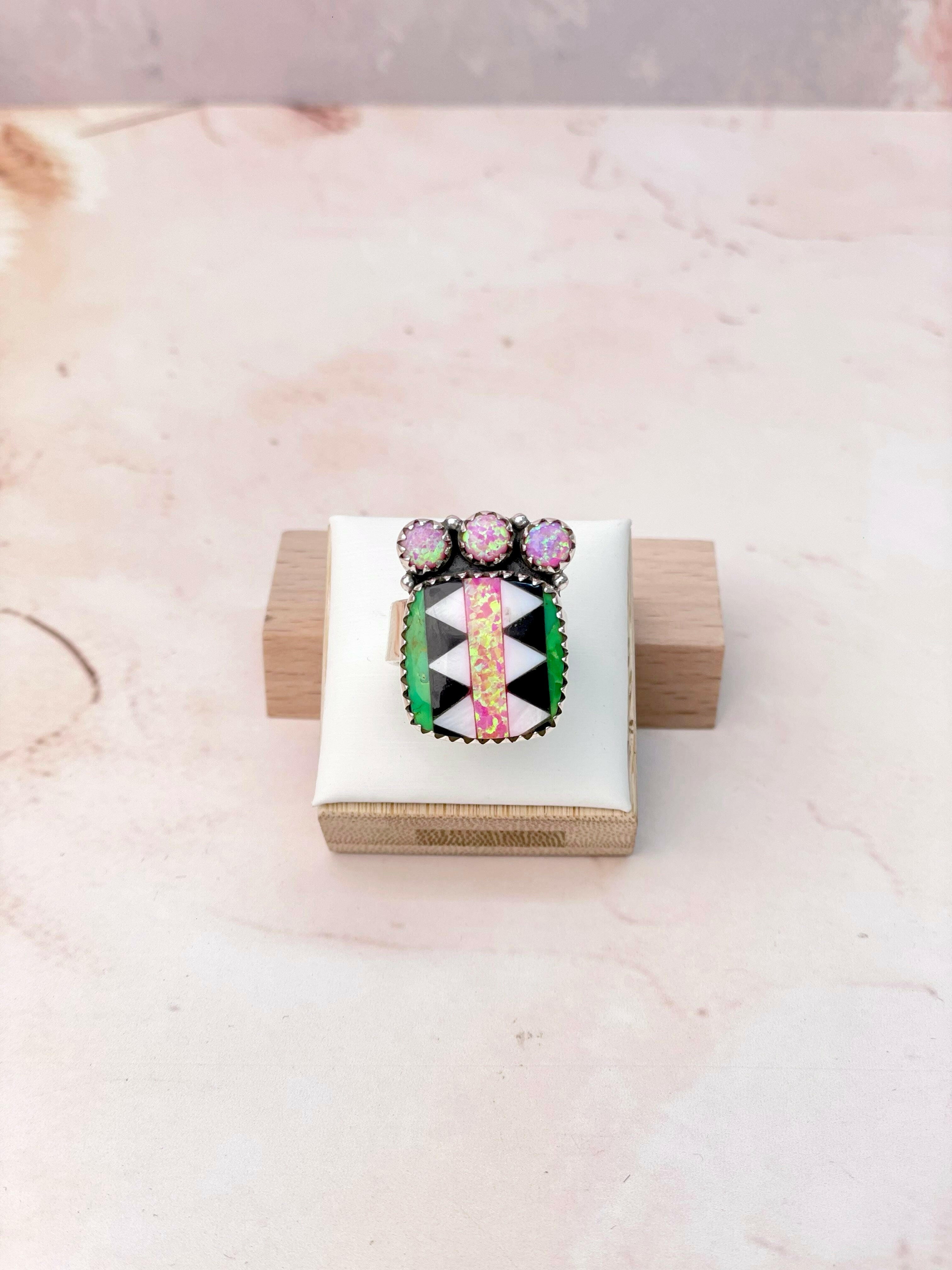Fiery Pink Opal Aztec Pattern Small Rings-Rings-Krush Kandy, Women's Online Fashion Boutique Located in Phoenix, Arizona (Scottsdale Area)