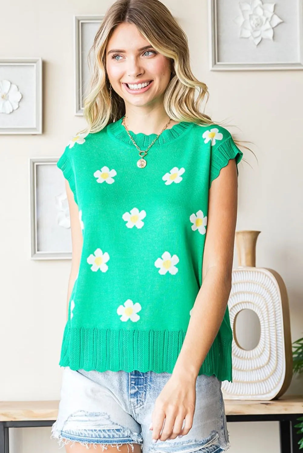 First Love Full Size Flower Pattern Round Neck Sweater Vest-Tops-Krush Kandy, Women's Online Fashion Boutique Located in Phoenix, Arizona (Scottsdale Area)