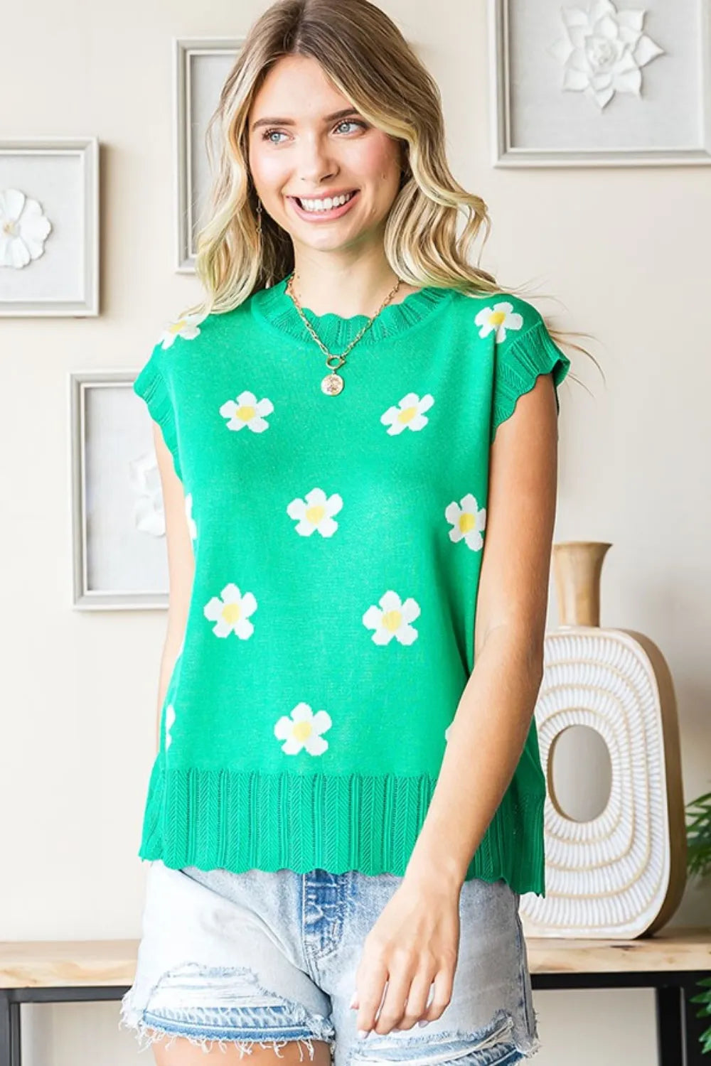 First Love Full Size Flower Pattern Round Neck Sweater Vest-Tops-Krush Kandy, Women's Online Fashion Boutique Located in Phoenix, Arizona (Scottsdale Area)