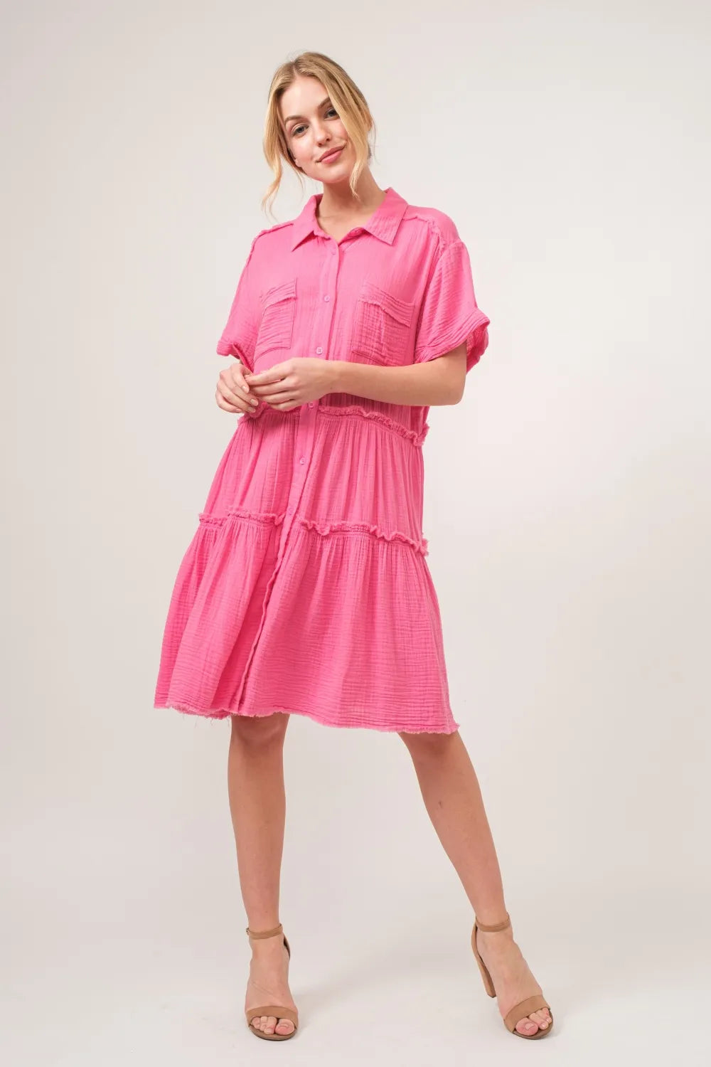 And The Why Full Size Raw Edge Washed Tiered Shirt Dress-Dresses-Krush Kandy, Women's Online Fashion Boutique Located in Phoenix, Arizona (Scottsdale Area)