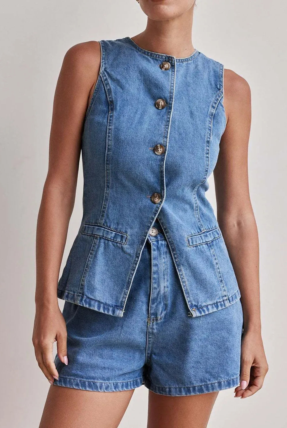 Button Down Vest and Shorts Denim Set-2 Piece Outfit Sets-Krush Kandy, Women's Online Fashion Boutique Located in Phoenix, Arizona (Scottsdale Area)