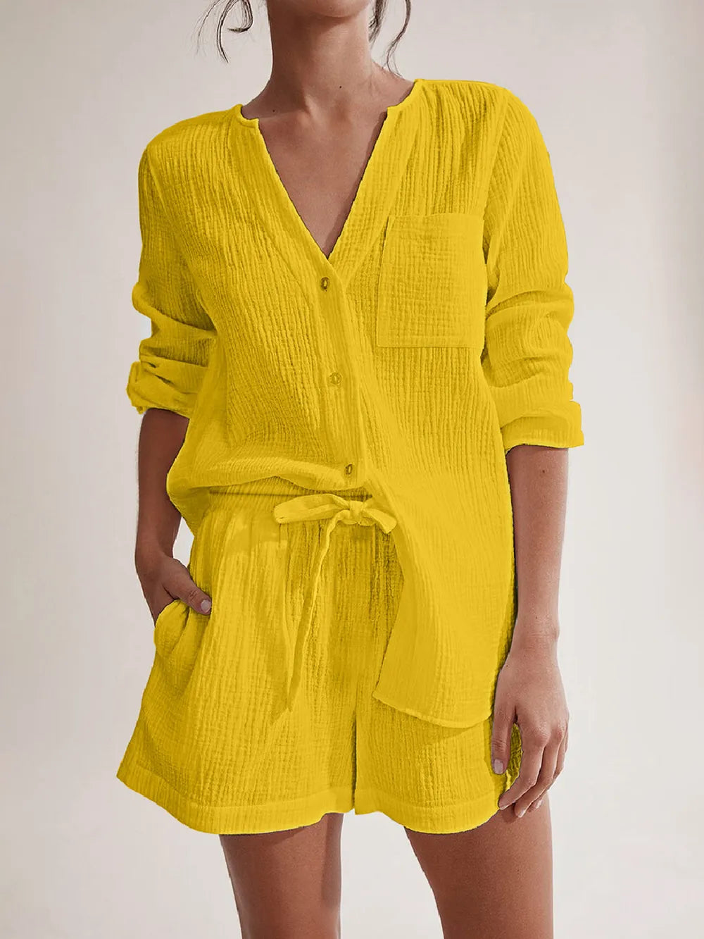 Notched Long Sleeve Top and Shorts Set-Krush Kandy, Women's Online Fashion Boutique Located in Phoenix, Arizona (Scottsdale Area)