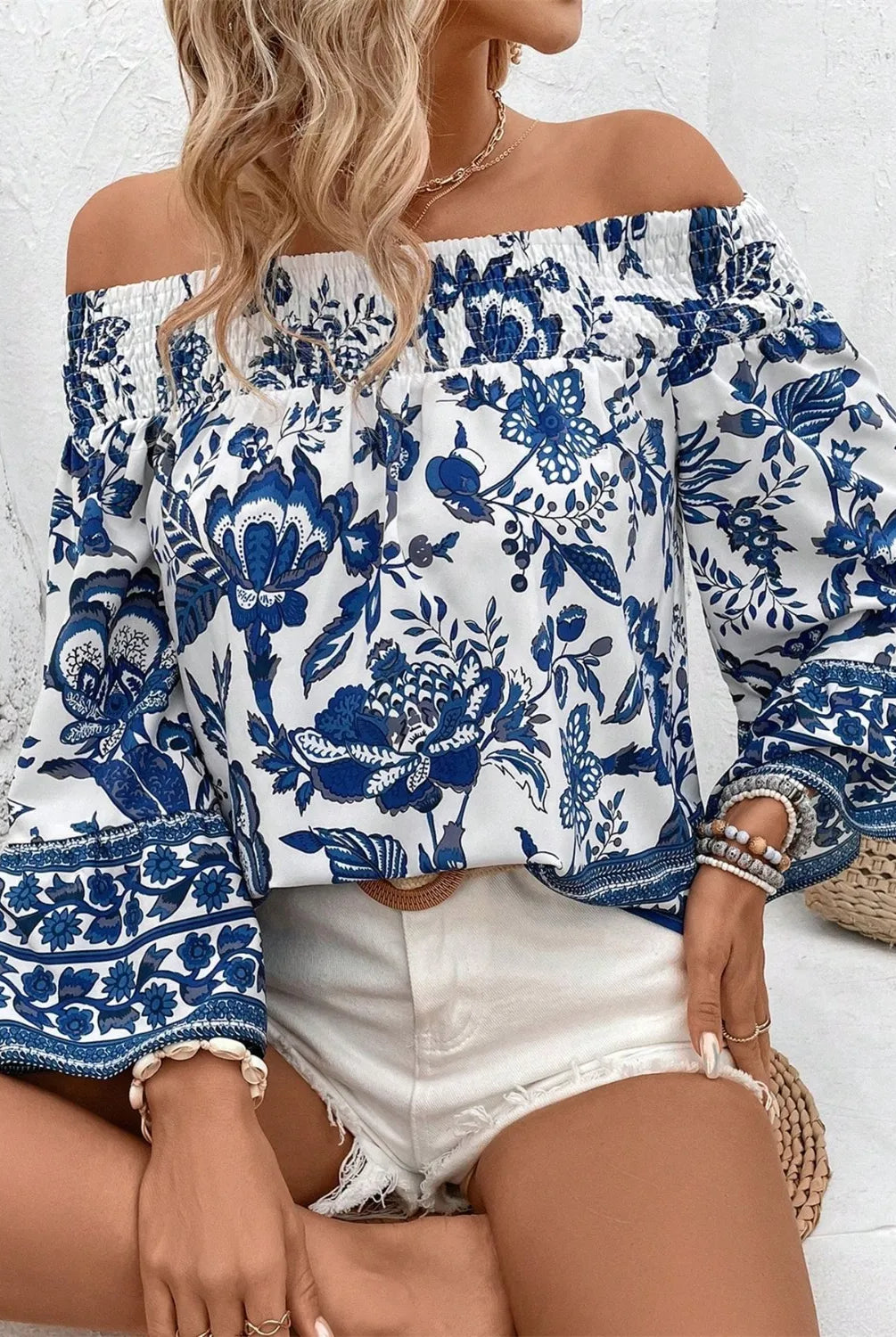 Smocked Printed Off-Shoulder Blouse-Blouses-Krush Kandy, Women's Online Fashion Boutique Located in Phoenix, Arizona (Scottsdale Area)