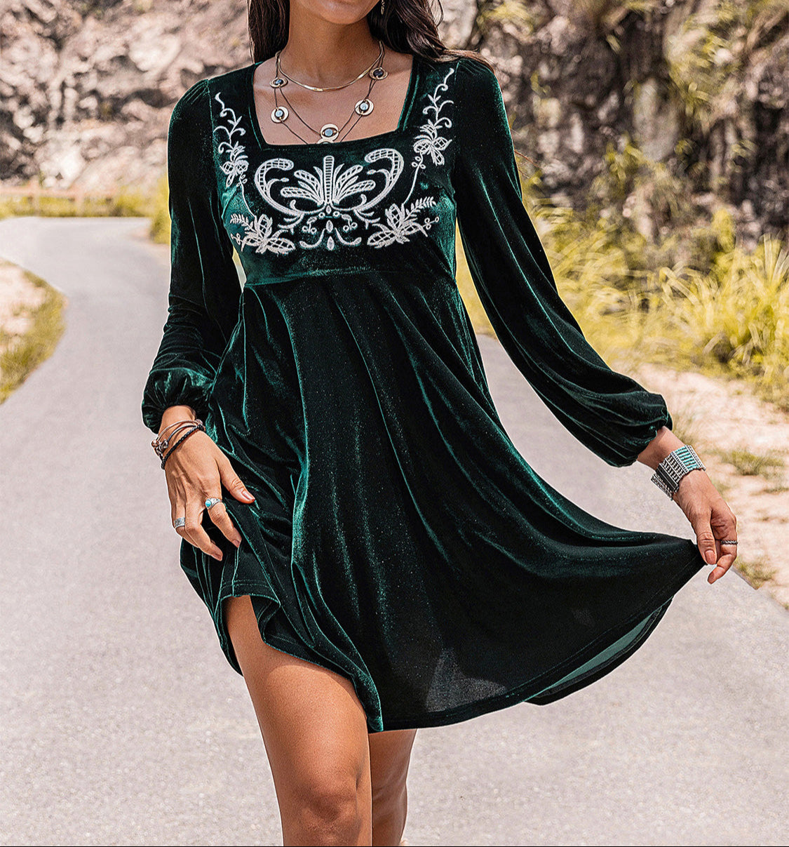 Embroidered Square Neck Long Sleeve Dress-Dresses-Krush Kandy, Women's Online Fashion Boutique Located in Phoenix, Arizona (Scottsdale Area)