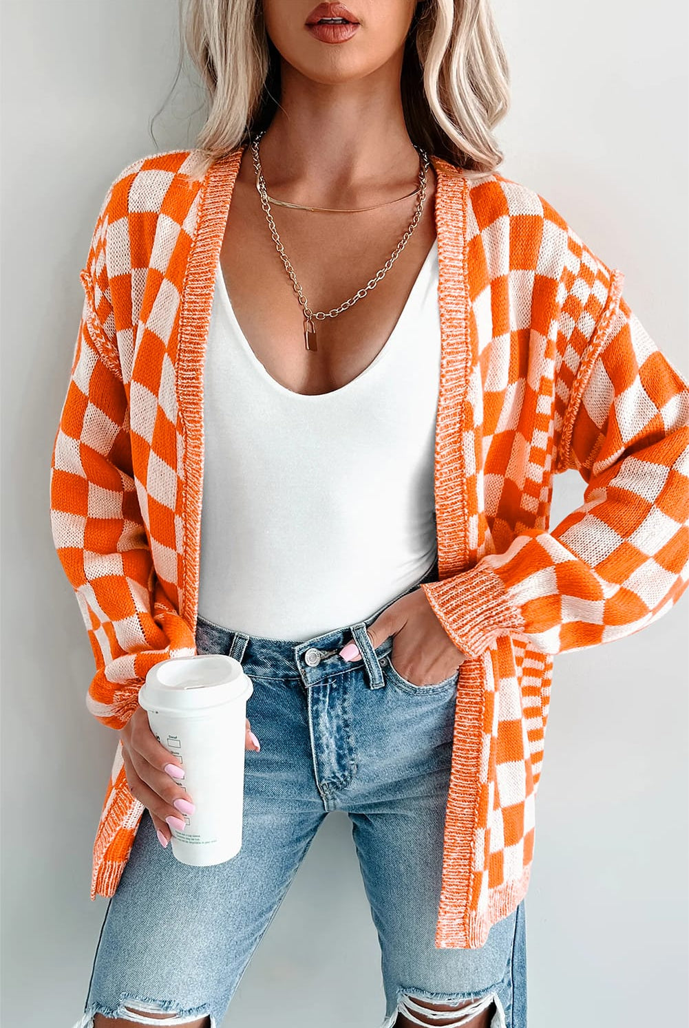 Orange Checkered Knit Cardigan-Cardigans-Krush Kandy, Women's Online Fashion Boutique Located in Phoenix, Arizona (Scottsdale Area)