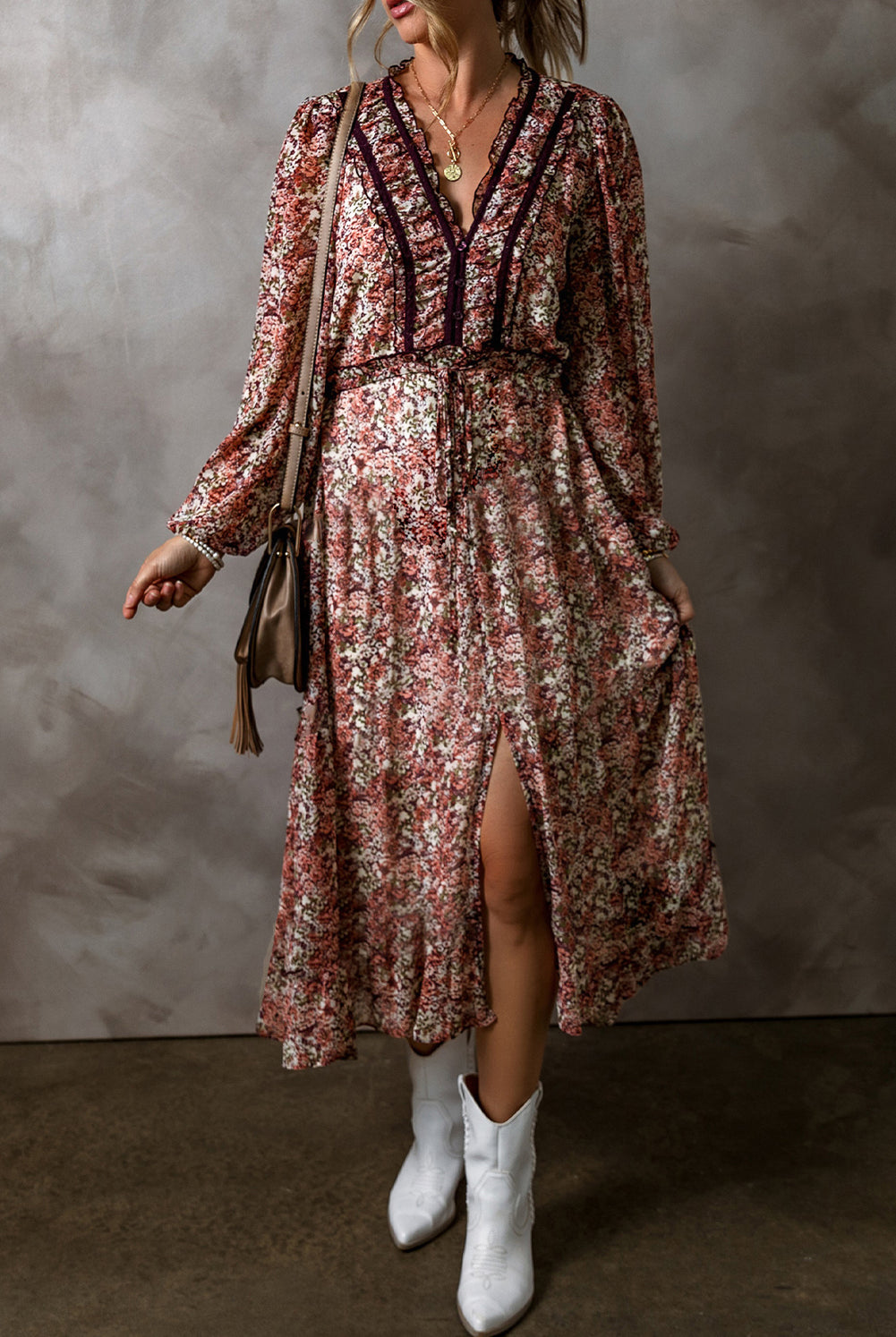 Boho Floral Ruffle Lace Midi Dress-Dresses-Krush Kandy, Women's Online Fashion Boutique Located in Phoenix, Arizona (Scottsdale Area)