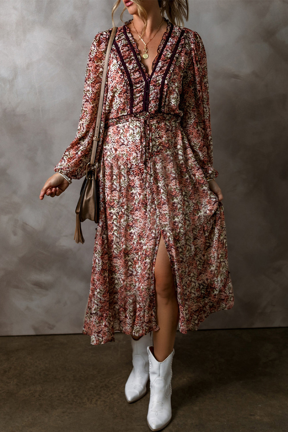Boho Floral Ruffle Lace Midi Dress-Dresses-Krush Kandy, Women's Online Fashion Boutique Located in Phoenix, Arizona (Scottsdale Area)