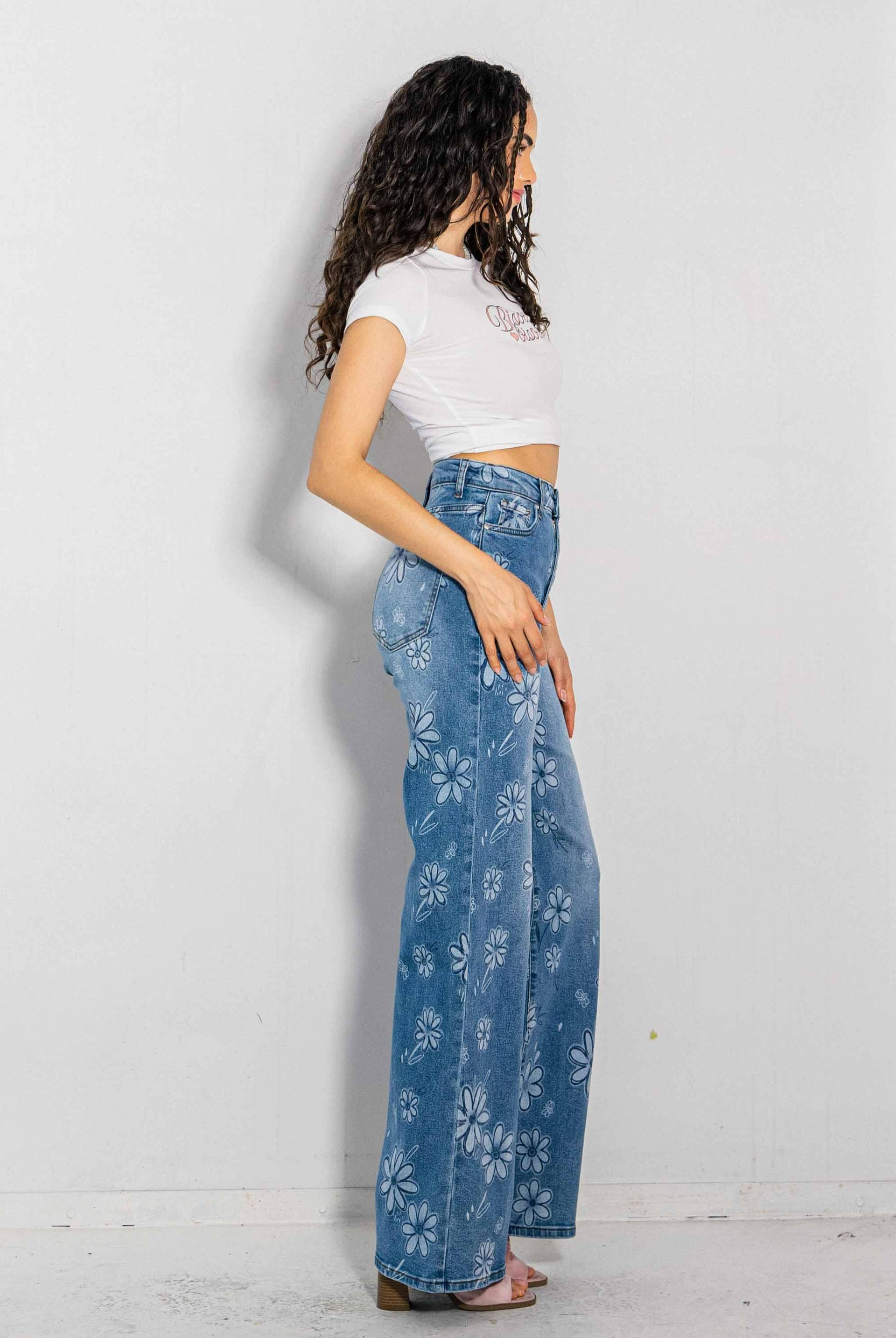 Flower Printed High-Rise Wideleg Jeans-Jeans-Krush Kandy, Women's Online Fashion Boutique Located in Phoenix, Arizona (Scottsdale Area)