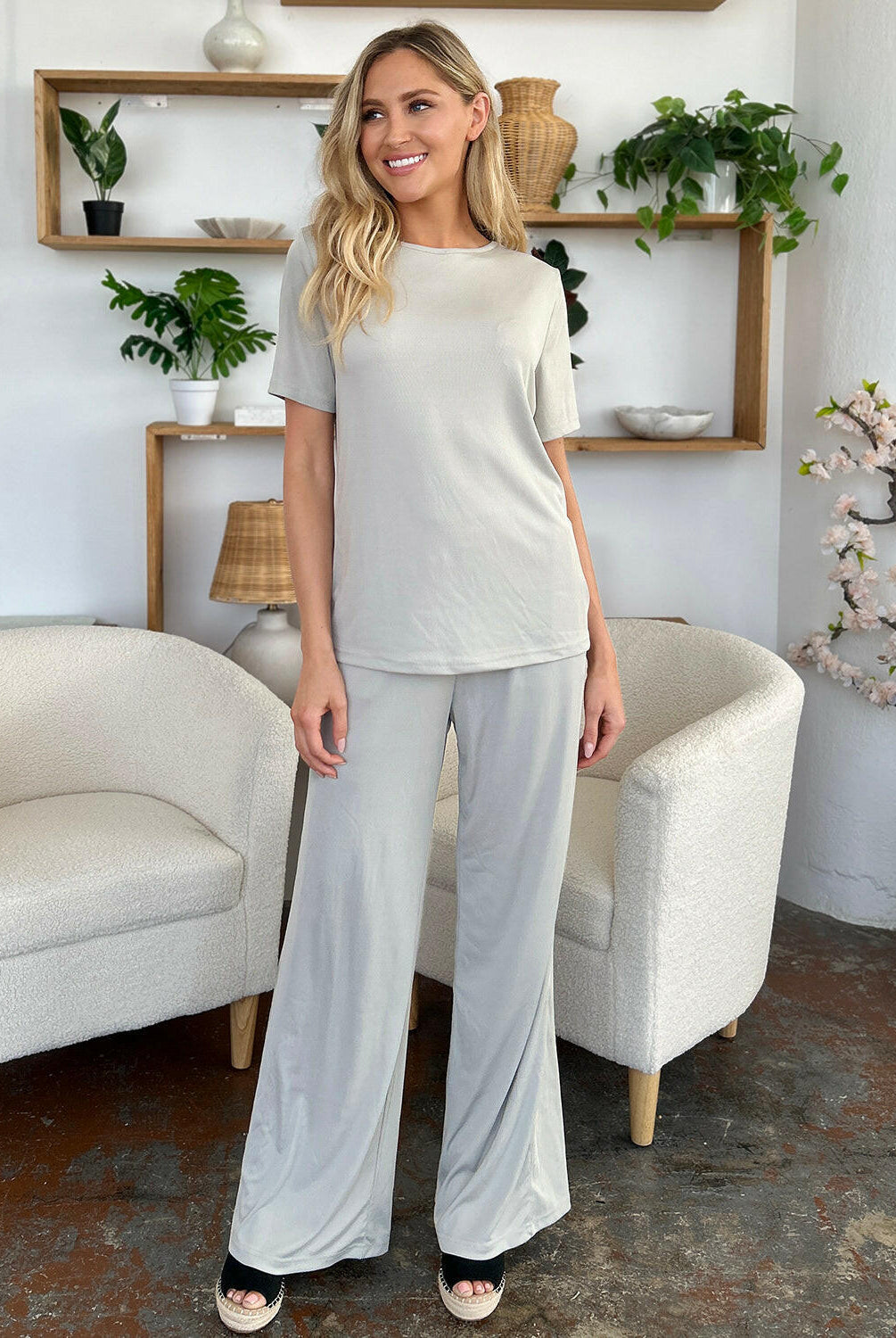 Double Take Full Size Round Neck Short Sleeve T-Shirt and Wide Leg Pants Set-Krush Kandy, Women's Online Fashion Boutique Located in Phoenix, Arizona (Scottsdale Area)