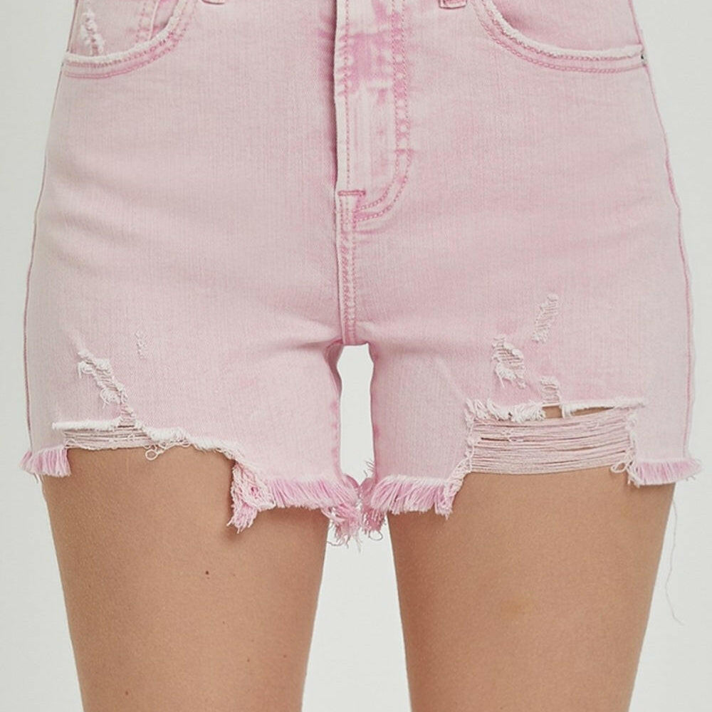 RISEN Pink High Rise Distressed Denim Shorts-Shorts-Krush Kandy, Women's Online Fashion Boutique Located in Phoenix, Arizona (Scottsdale Area)