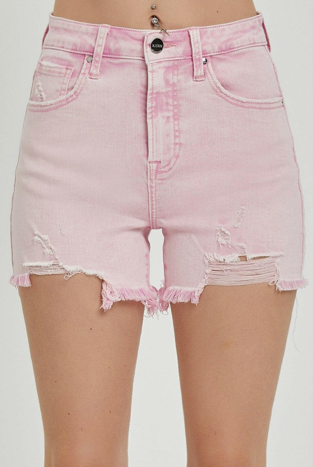 RISEN Pink High Rise Distressed Denim Shorts-Shorts-Krush Kandy, Women's Online Fashion Boutique Located in Phoenix, Arizona (Scottsdale Area)