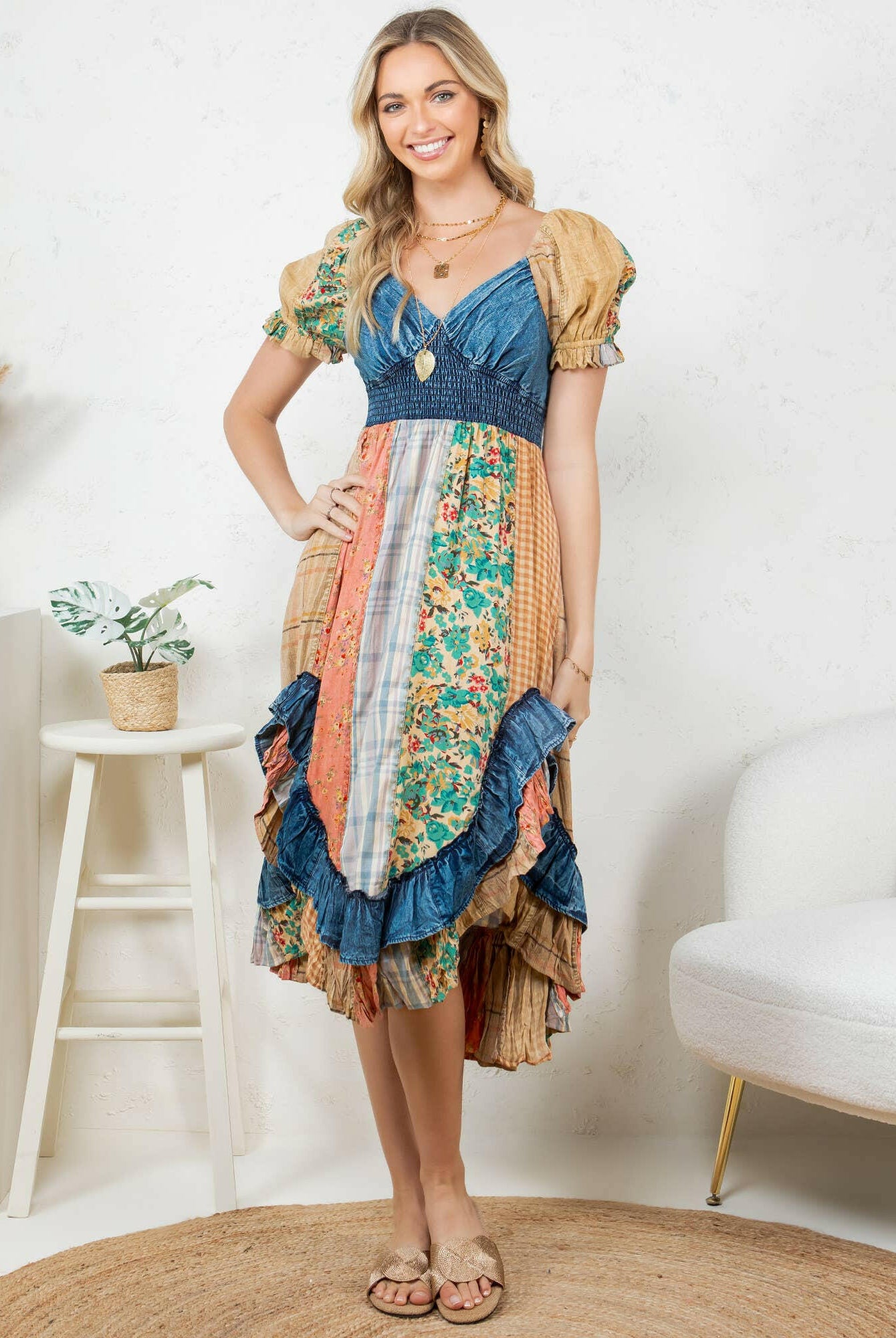 Boho Denim Patchwork Midi Dress-Dresses-Krush Kandy, Women's Online Fashion Boutique Located in Phoenix, Arizona (Scottsdale Area)