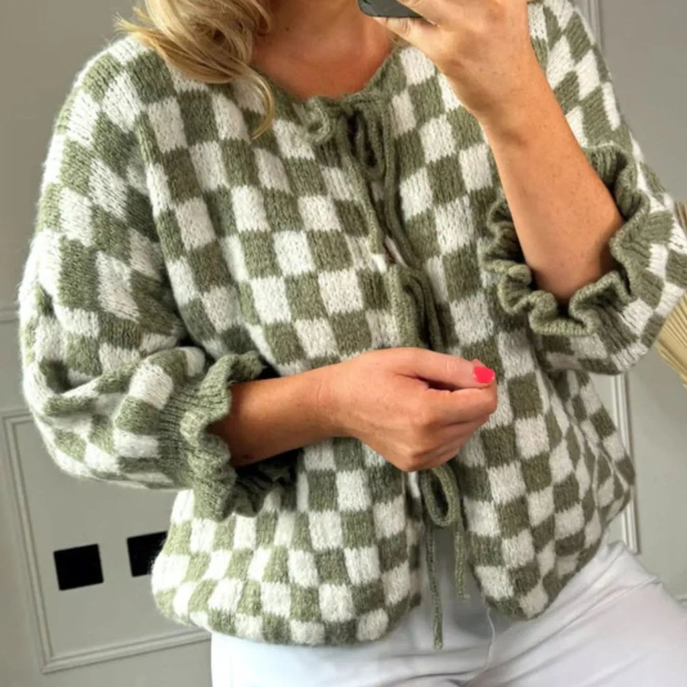 Checkered Tie-Front Knit Cardigan-Cardigan-Krush Kandy, Women's Online Fashion Boutique Located in Phoenix, Arizona (Scottsdale Area)