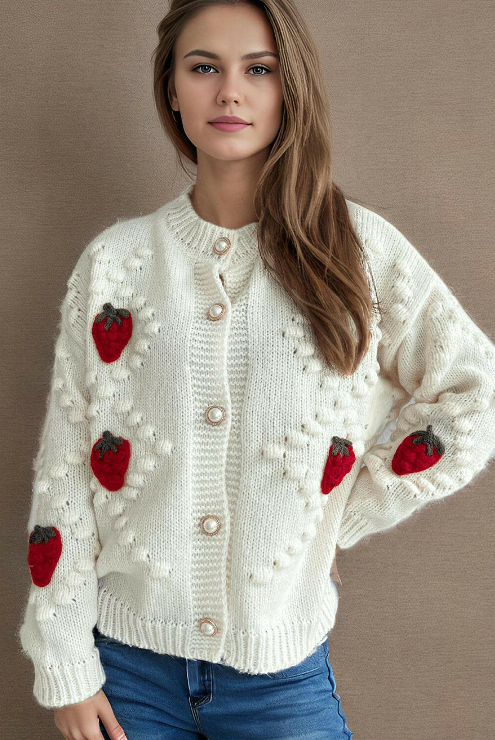 Strawberry Button Down Long Sleeve Cardigan-Cardigans-Krush Kandy, Women's Online Fashion Boutique Located in Phoenix, Arizona (Scottsdale Area)