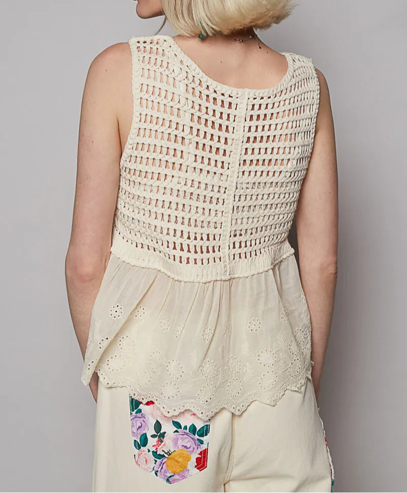 POL Embroidered Detail V-Neck Eyelet Peplum Tank-Tanks-Krush Kandy, Women's Online Fashion Boutique Located in Phoenix, Arizona (Scottsdale Area)
