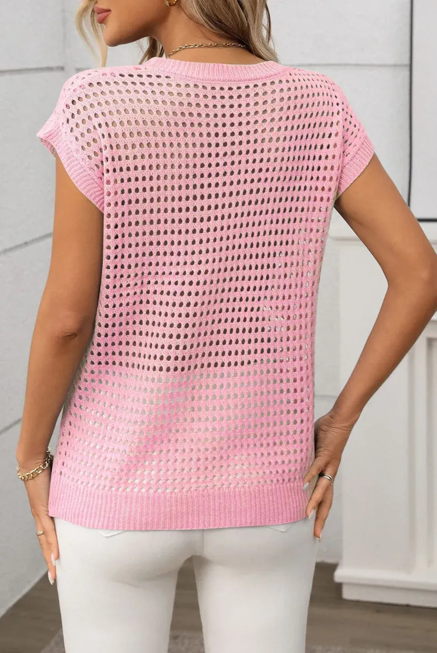 Openwork Round Neck Short Sleeve Knit Cover Up-Krush Kandy, Women's Online Fashion Boutique Located in Phoenix, Arizona (Scottsdale Area)