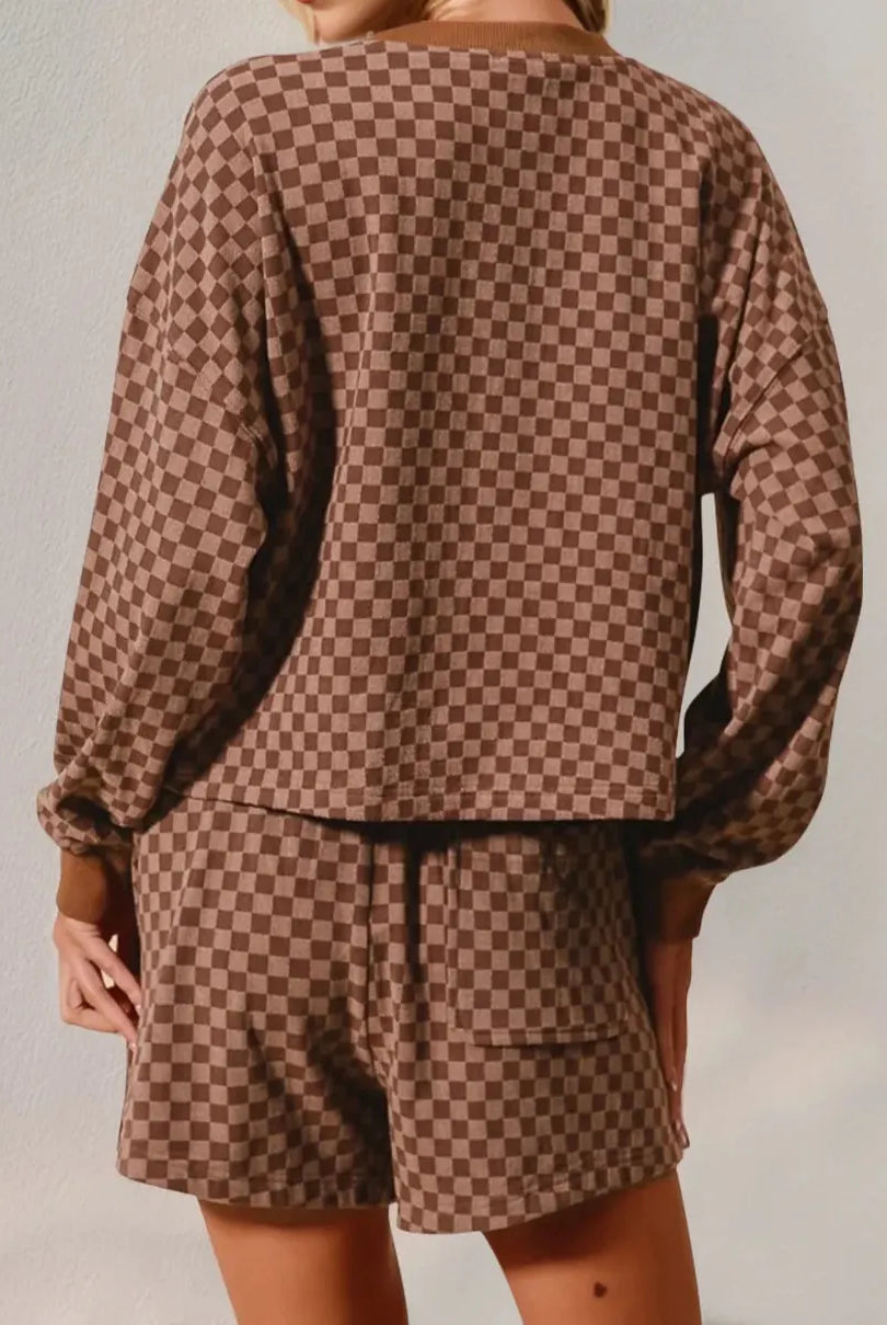 Double Take Checkered Half Button Top and Shorts Set-2 Piece Outfit Sets-Krush Kandy, Women's Online Fashion Boutique Located in Phoenix, Arizona (Scottsdale Area)