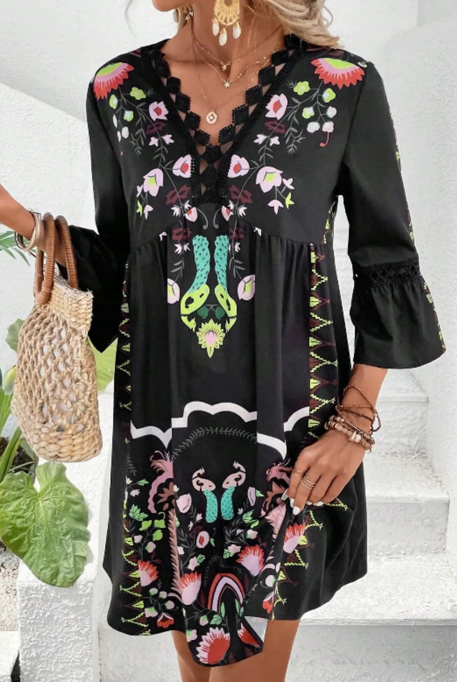 Lace Detail Printed Three-Quarter Sleeve Dress-Dresses-Krush Kandy, Women's Online Fashion Boutique Located in Phoenix, Arizona (Scottsdale Area)