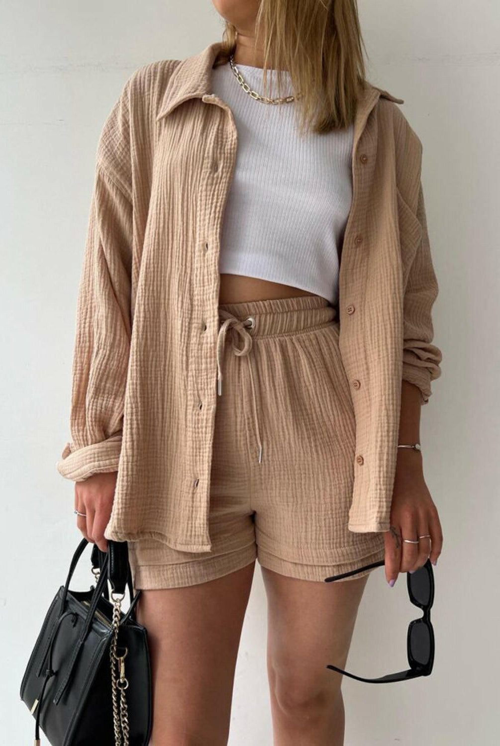Kinsley Texture Button-Up Shirt and Drawstring Shorts Set-Krush Kandy, Women's Online Fashion Boutique Located in Phoenix, Arizona (Scottsdale Area)