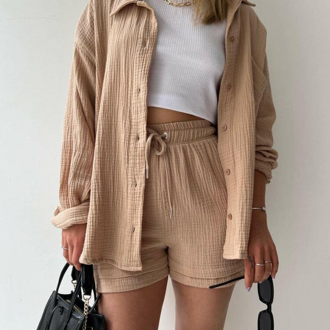 Kinsley Texture Button-Up Shirt and Drawstring Shorts Set-Krush Kandy, Women's Online Fashion Boutique Located in Phoenix, Arizona (Scottsdale Area)