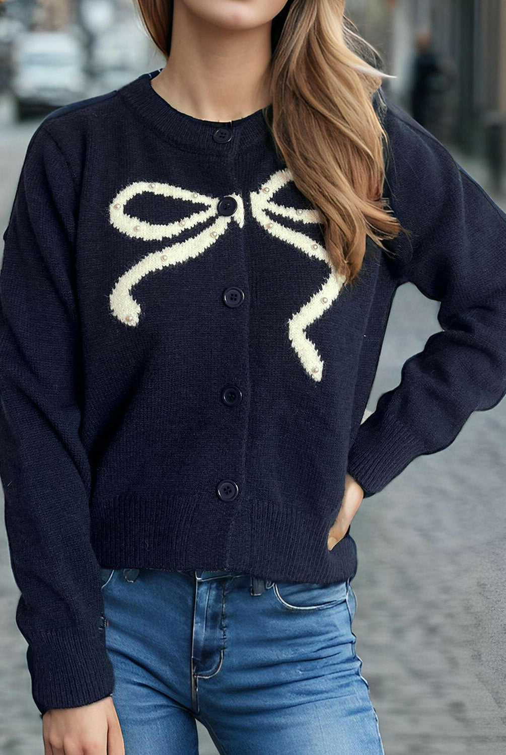 Bow Button Down Round Neck Cardigan-Krush Kandy, Women's Online Fashion Boutique Located in Phoenix, Arizona (Scottsdale Area)
