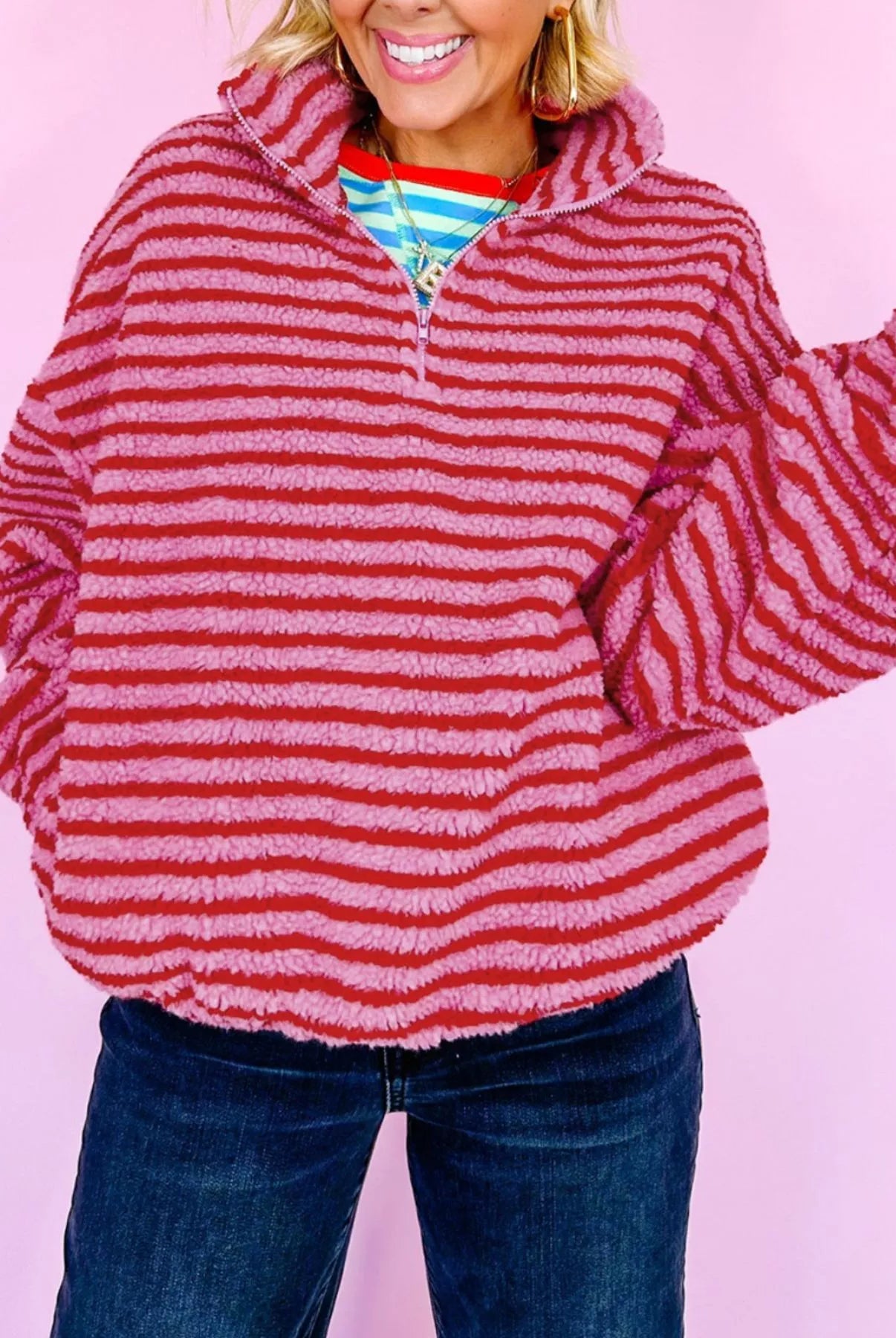 Striped Quarter-Zip Fleece Sweatshirt-Sweaters-Krush Kandy, Women's Online Fashion Boutique Located in Phoenix, Arizona (Scottsdale Area)