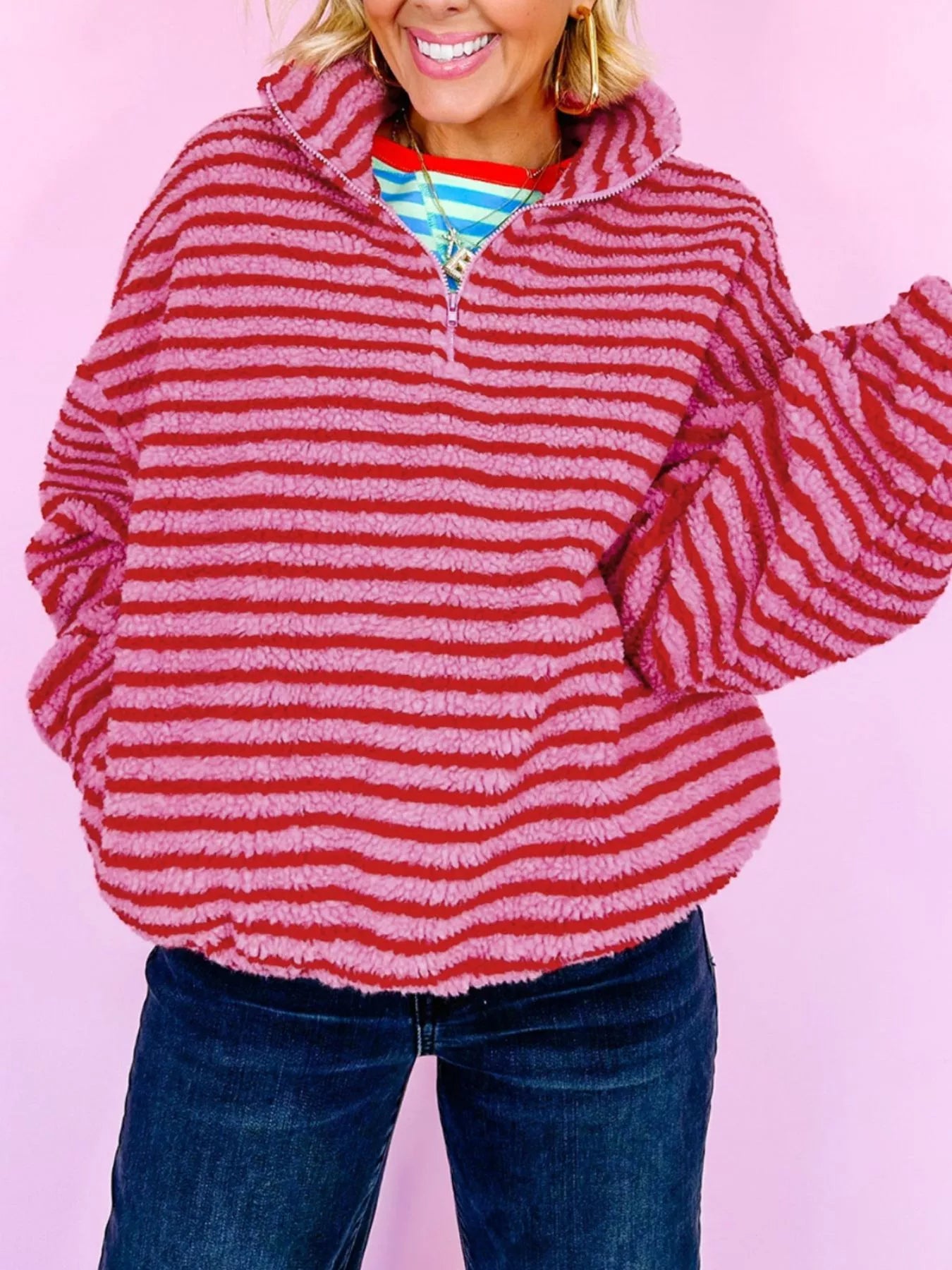 Striped Quarter-Zip Fleece Sweatshirt-Sweaters-Krush Kandy, Women's Online Fashion Boutique Located in Phoenix, Arizona (Scottsdale Area)