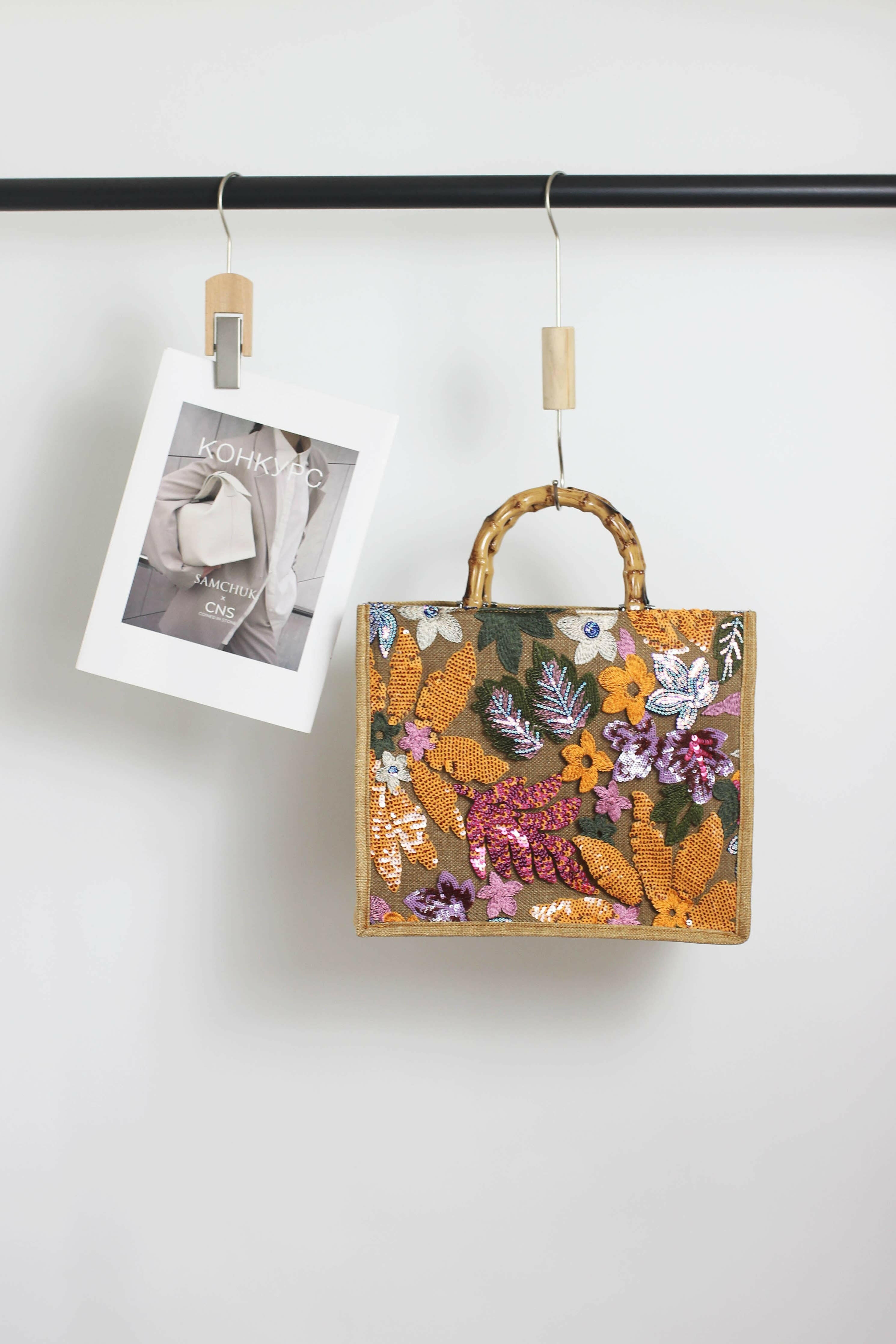 Elegant Burlap Handbag with Floral Embroidery and Bamboo Handle-handbag-Krush Kandy, Women's Online Fashion Boutique Located in Phoenix, Arizona (Scottsdale Area)