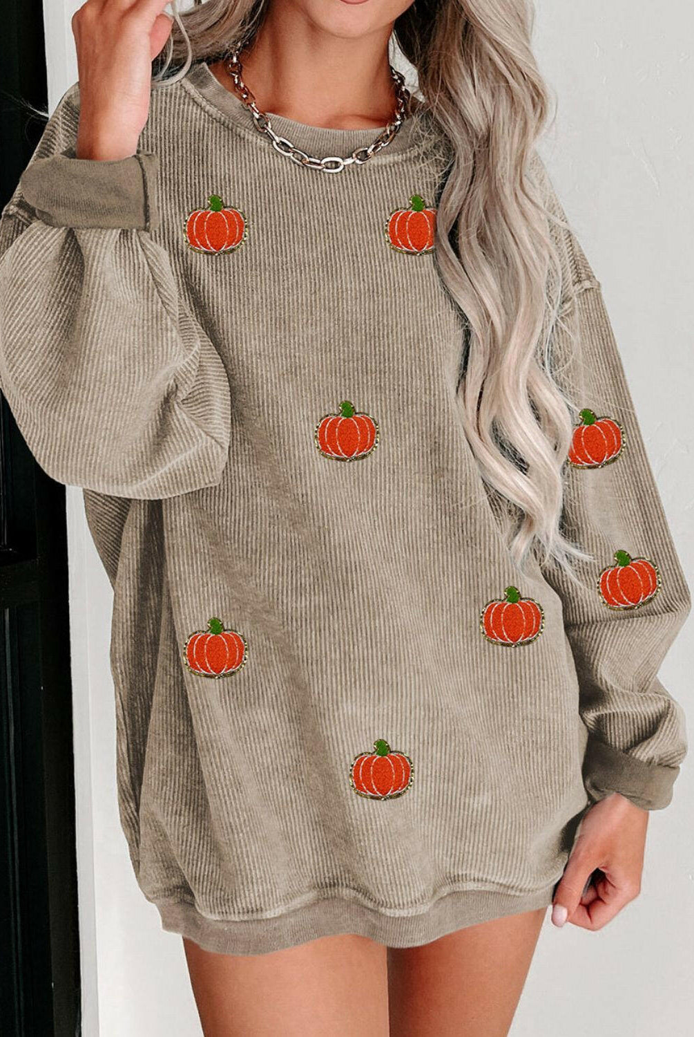 Pumpkin Round Neck Long Sleeve Sweatshirt-Krush Kandy, Women's Online Fashion Boutique Located in Phoenix, Arizona (Scottsdale Area)
