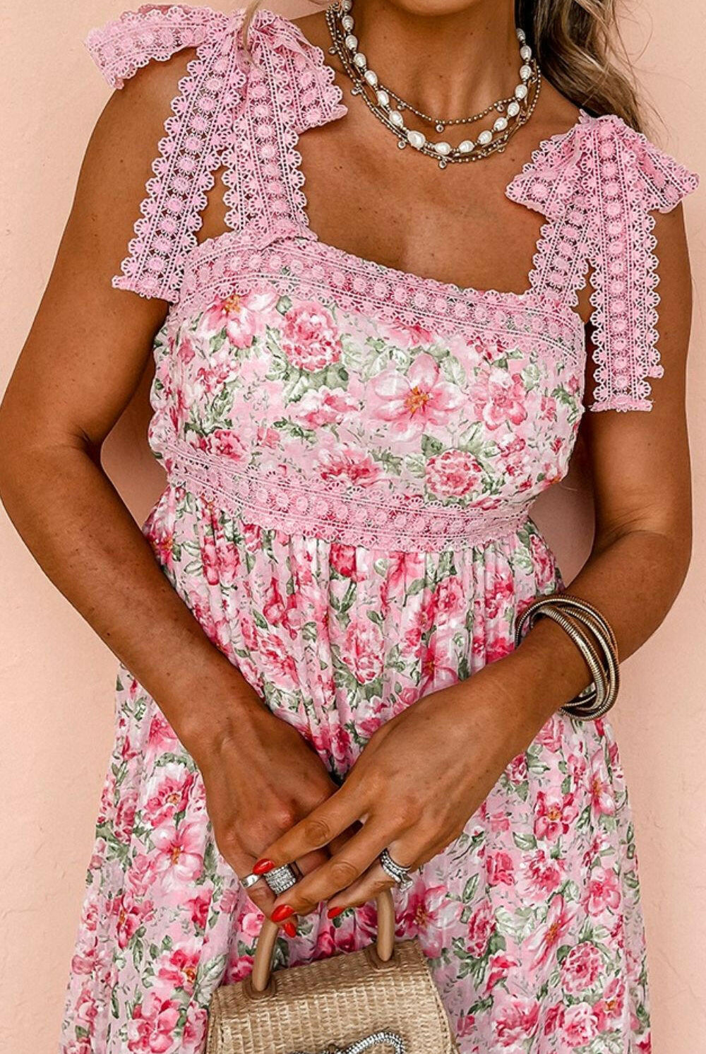 Floral Lace Tied Strap Square Neck Dress with Pockets-Dresses-Krush Kandy, Women's Online Fashion Boutique Located in Phoenix, Arizona (Scottsdale Area)